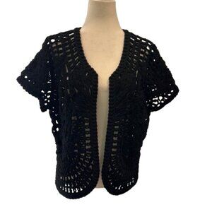Coldwater Creek Crochet Black Women's Cardigan Open Front Size 16